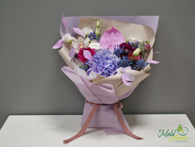 Bouquet with hydrangea, orchid, anthurium, and lisianthus photo